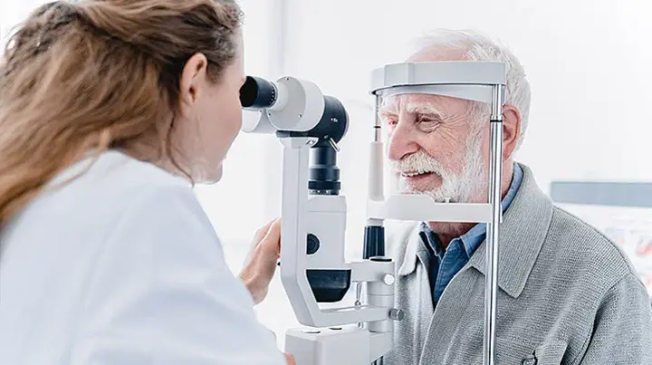 Zur Diagnose des Grünen Stars untersucht eine Mitarbeitende der Augenheilkunde das Auge eines Patienten. 