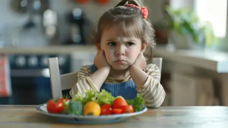 Symbolbild: Ein Mädchen sitzt vor einem Obst- und Gemüseteller und möchte nichts essen. 