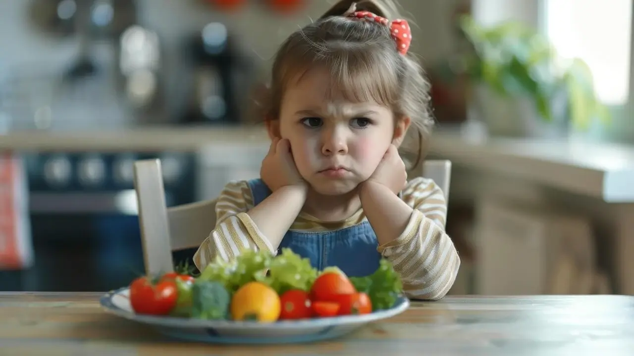 Symbolbild: Ein Mädchen sitzt vor einem Obst- und Gemüseteller und möchte nichts essen. 