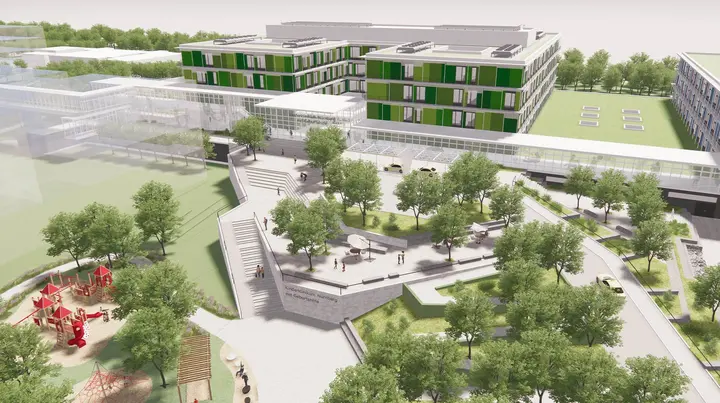 Rendering-Bild des geplanten Kinderkrankenhauses. 